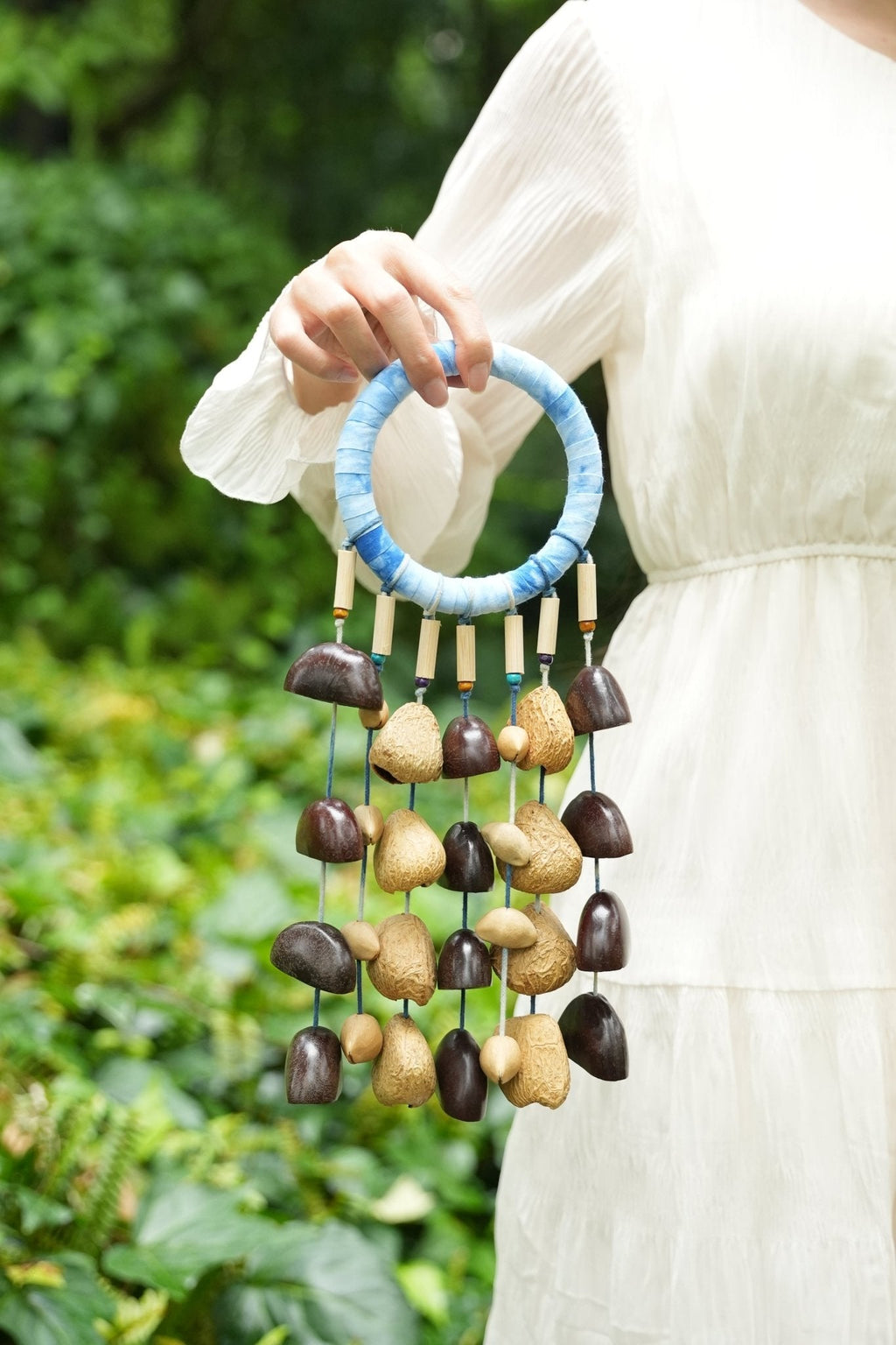 "The Indigo Rain" - Shibori Wrapped Ring & Cascading Shell Wind Chime